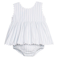 Little English traditional children's clothing.  Light blue and white striped two-piece for baby girls with white ricrac trim