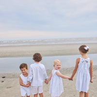 Little English traditional children's clothing. Light blue and white striped John John for toddler boys for summer