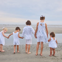 Little English traditional children's clothing.  Light blue and white striped two-piece for baby girls with white ricrac trim