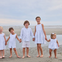 Little English traditional children's clothing.  Light blue and white striped two-piece for baby girls with white ricrac trim