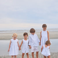 Little English traditional children's clothing.  Mandarin collar button down shirt for boys with light blue and white stripes