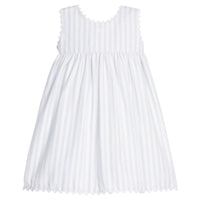Little English traditional children's clothing.  Light blue and white striped sleeveless dress with white ricrac trim for little girls