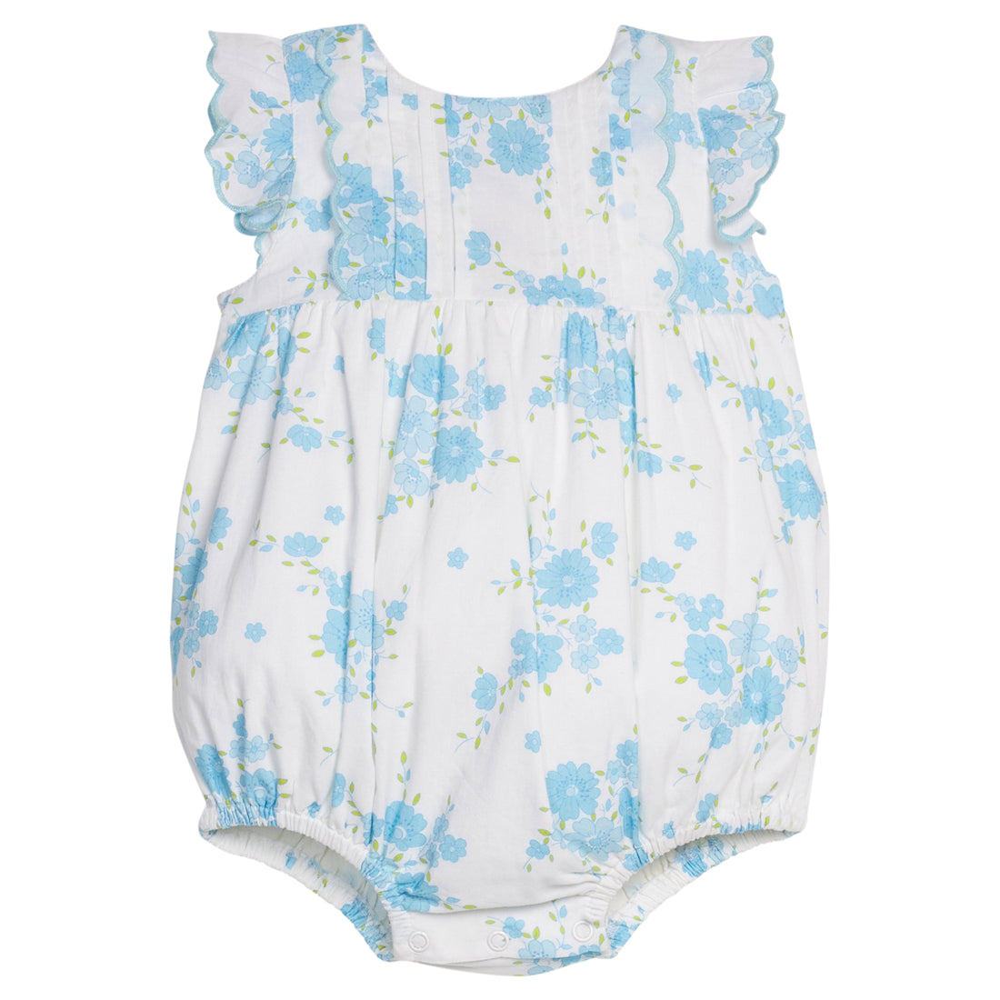 Little English classic Mila bubble in blue turks floral pattern with aqua scalloped trim, for baby girl 