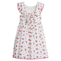 Little English traditional children’s clothing, girl's cotton dress in strawberry print with red piped ruffle sleeves for Spring