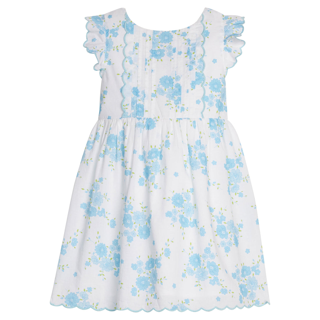 Little English classic Mila dress in blue turks floral pattern with aqua scalloped trim, for little girl 