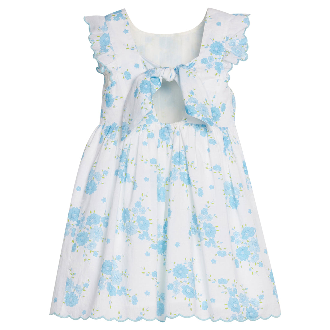 Little English classic Mila dress in blue turks floral pattern with aqua scalloped trim, for little girl 