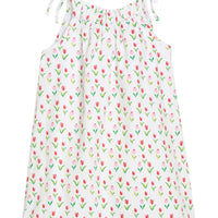 Little English girl's printed twill spaghetti strap dress with pink and red tulip pattern