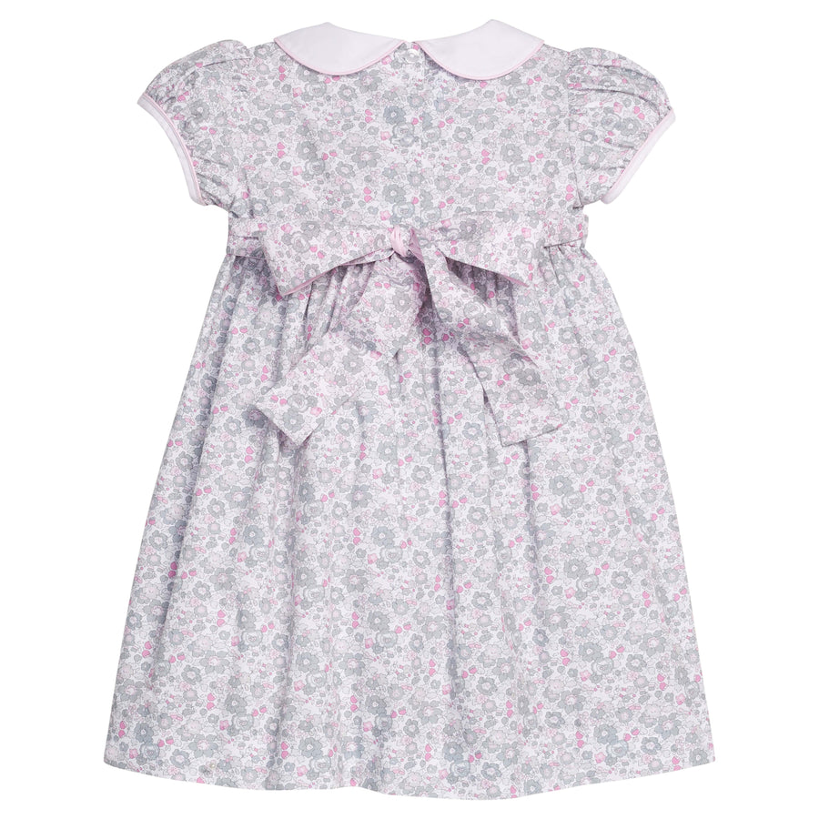 little english classic children's clothing girls gray and pink floral dress with bow in the back and peter pan collar for fall 