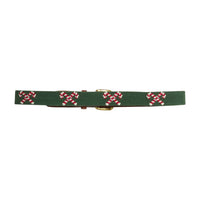 Little English x Smathers and Branson boy's needlepoint belt with crossed candy canes on a green background for fall.  Holiday belt for boys