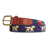 Little English traditional children's clothing.  Navy needlepoint belt with labrador rein-dogs and santa's sleigh for the holidays