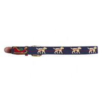 Little English traditional children's clothing.  Navy needlepoint belt with labrador rein-dogs and santa's sleigh for the holidays