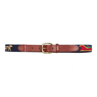Little English traditional children's clothing.  Navy needlepoint belt with labrador rein-dogs and santa's sleigh for the holidays