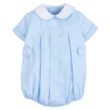 Little English traditional children's clothing, baby boy's light blue pique bubble with peter pan collar and button tabs, dressy spring bubble for easter