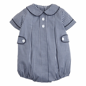 Little English classic children's clothing, baby boy's navy gingham peter pan bubble with button tabs for fall