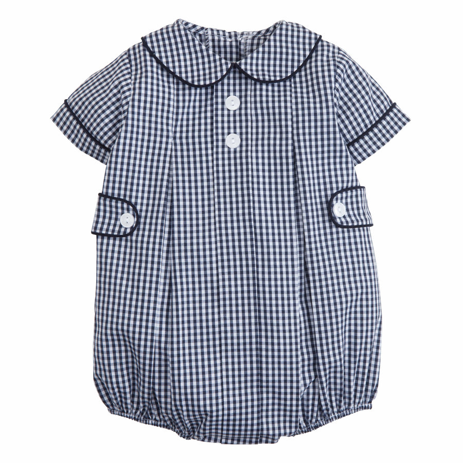 Little English classic children's clothing, baby boy's navy gingham peter pan bubble with button tabs for fall