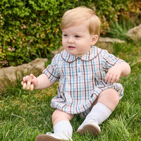 Little English traditional children's clothing.  Short sleeve peter pan bubble in brown, blue, and pink Wilmington Plaid for baby boys with button tabs and corduroy piping.