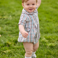 Little English traditional children's clothing.  Short sleeve peter pan bubble in brown, blue, and pink Wilmington Plaid for baby boys with button tabs and corduroy piping.