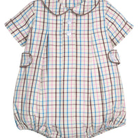 Little English traditional children's clothing.  Short sleeve peter pan bubble in brown, blue, and pink Wilmington Plaid for baby boys with button tabs and corduroy piping.