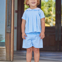 Little English traditional children's clothing, Little boy's light blue woven peter pan short set for Spring