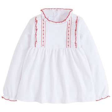 little english classic childrens clothing girls long sleeve blouse with ruffles on the collar, chest and sleeves with red detail