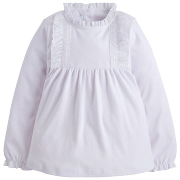 little english classic childrens clothing white long sleeve blouse with ruffles at the collar chest and sleeves
