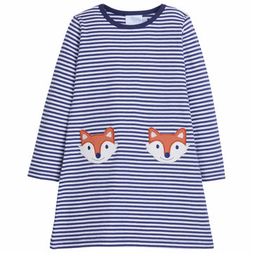 little english classic childrens clothing girls long sleeved striped navy and white dress with applique foxes on the pockets