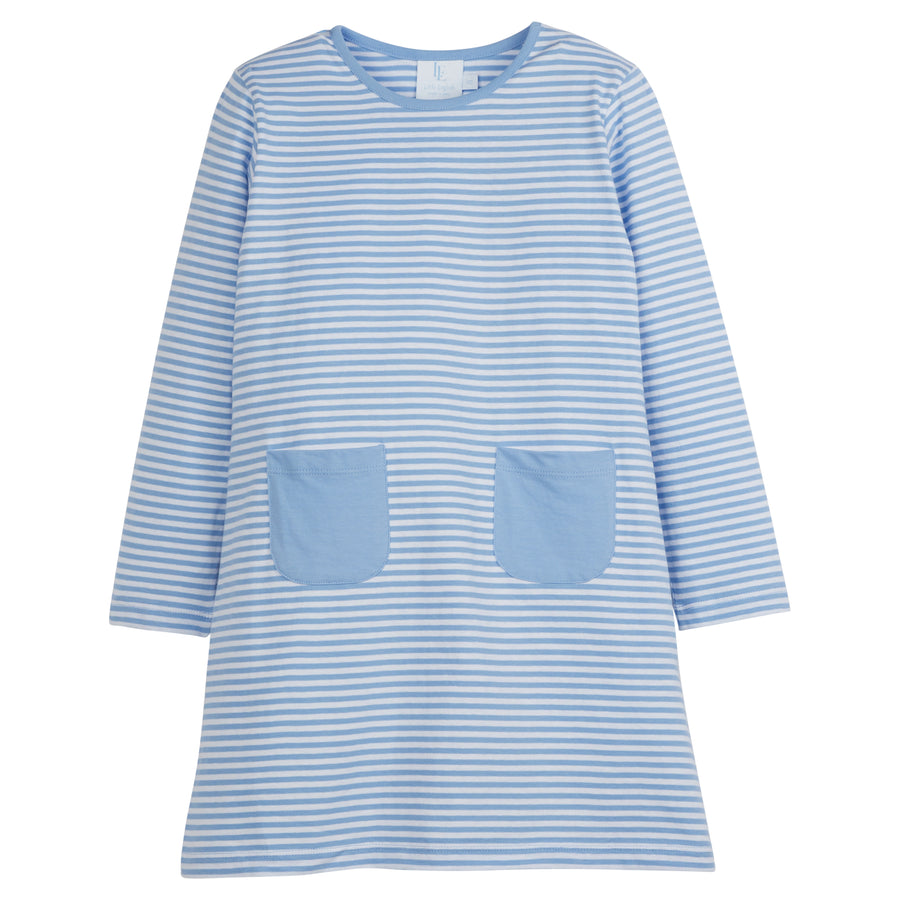 Little English light blue and white striped t-shirt dress with pockets and applique hearts, girl's casual style for Valentine's Day