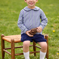 little english classic children's clothing boys green, purple, and white plaid peter pan top with navy corduroy piping and matching shorts for fall 