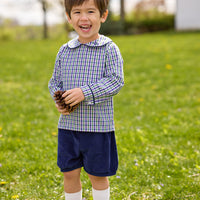 little english classic children's clothing boys green, purple, and white plaid peter pan top with navy corduroy piping and matching shorts for fall 