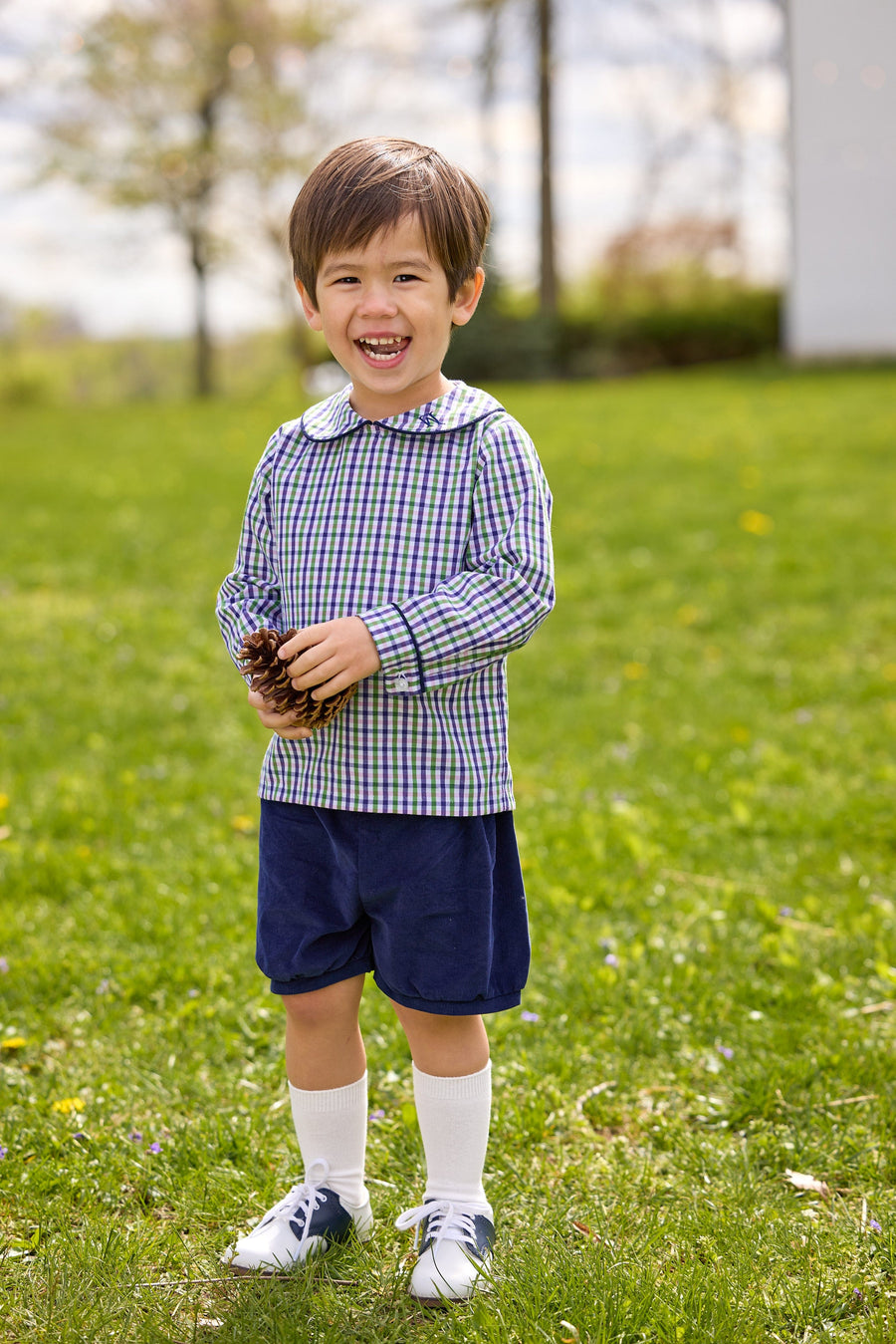 little english classic children's clothing boys green, purple, and white plaid peter pan top with navy corduroy piping and matching shorts for fall 