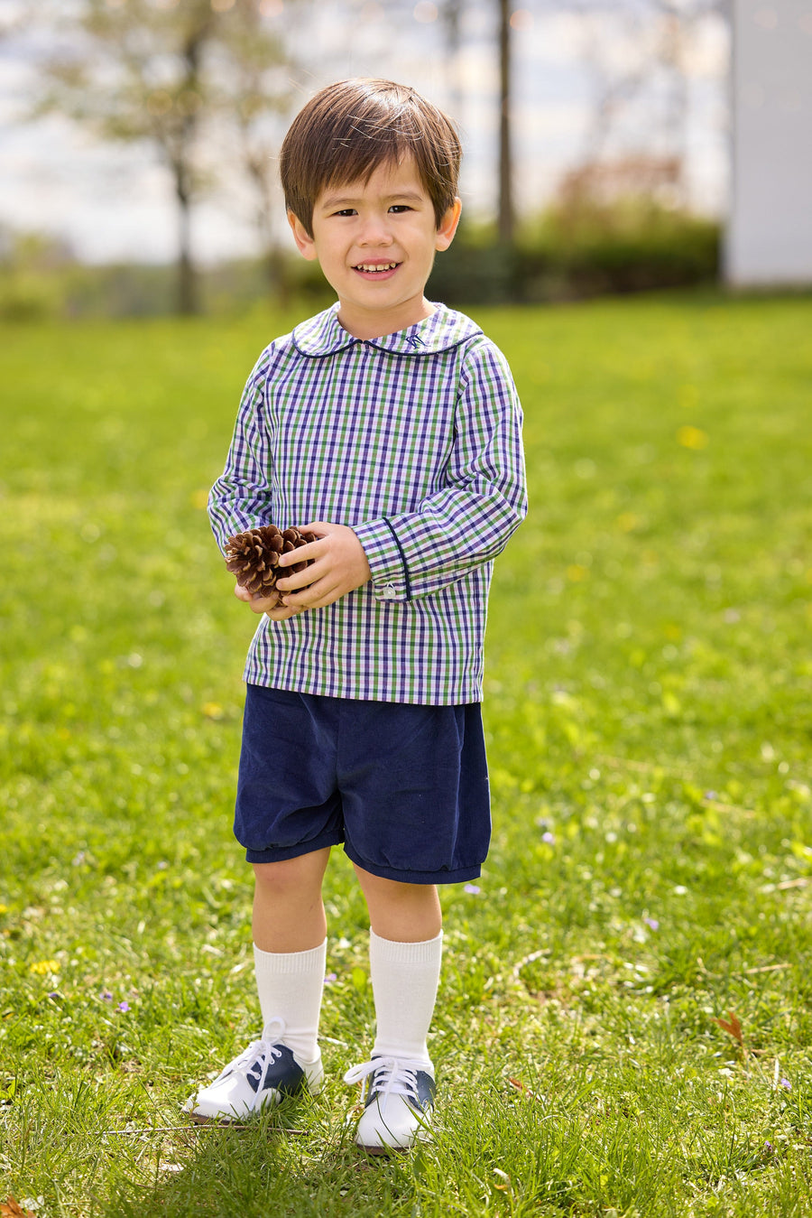 little english classic children's clothing boys green, purple, and white plaid peter pan top with navy corduroy piping and matching shorts for fall 