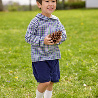 little english classic children's clothing boys green, purple, and white plaid peter pan top with navy corduroy piping and matching shorts for fall 