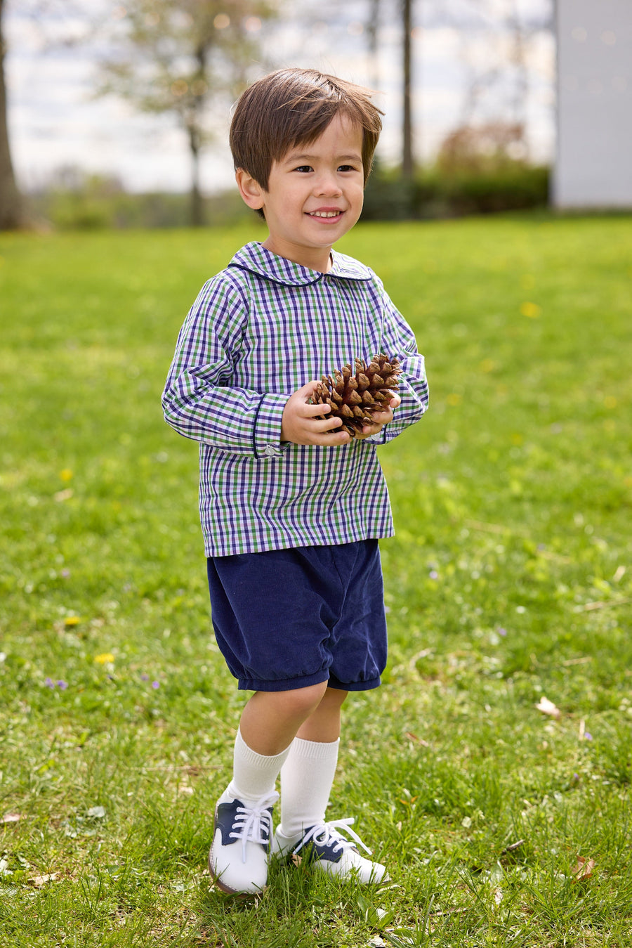 little english classic children's clothing boys green, purple, and white plaid peter pan top with navy corduroy piping and matching shorts for fall 