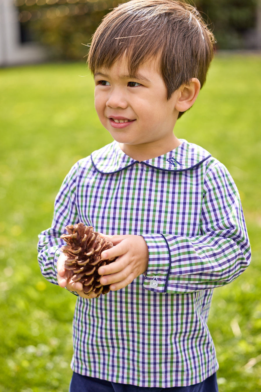 little english classic children's clothing boys green, purple, and white plaid peter pan top with navy corduroy piping and matching shorts for fall 