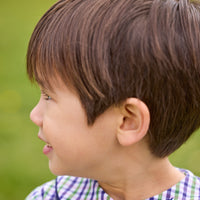 little english classic children's clothing boys green, purple, and white plaid peter pan top with navy corduroy piping and matching shorts for fall 