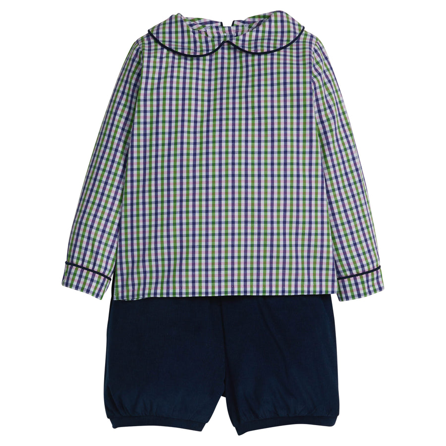 little english classic children's clothing,  boys green, purple, and white plaid peter pan top with navy corduroy piping and matching shorts for fall 