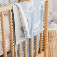little english classic children's clothing baby boys blue and cream nursery blanket with all around rocking horse motif 