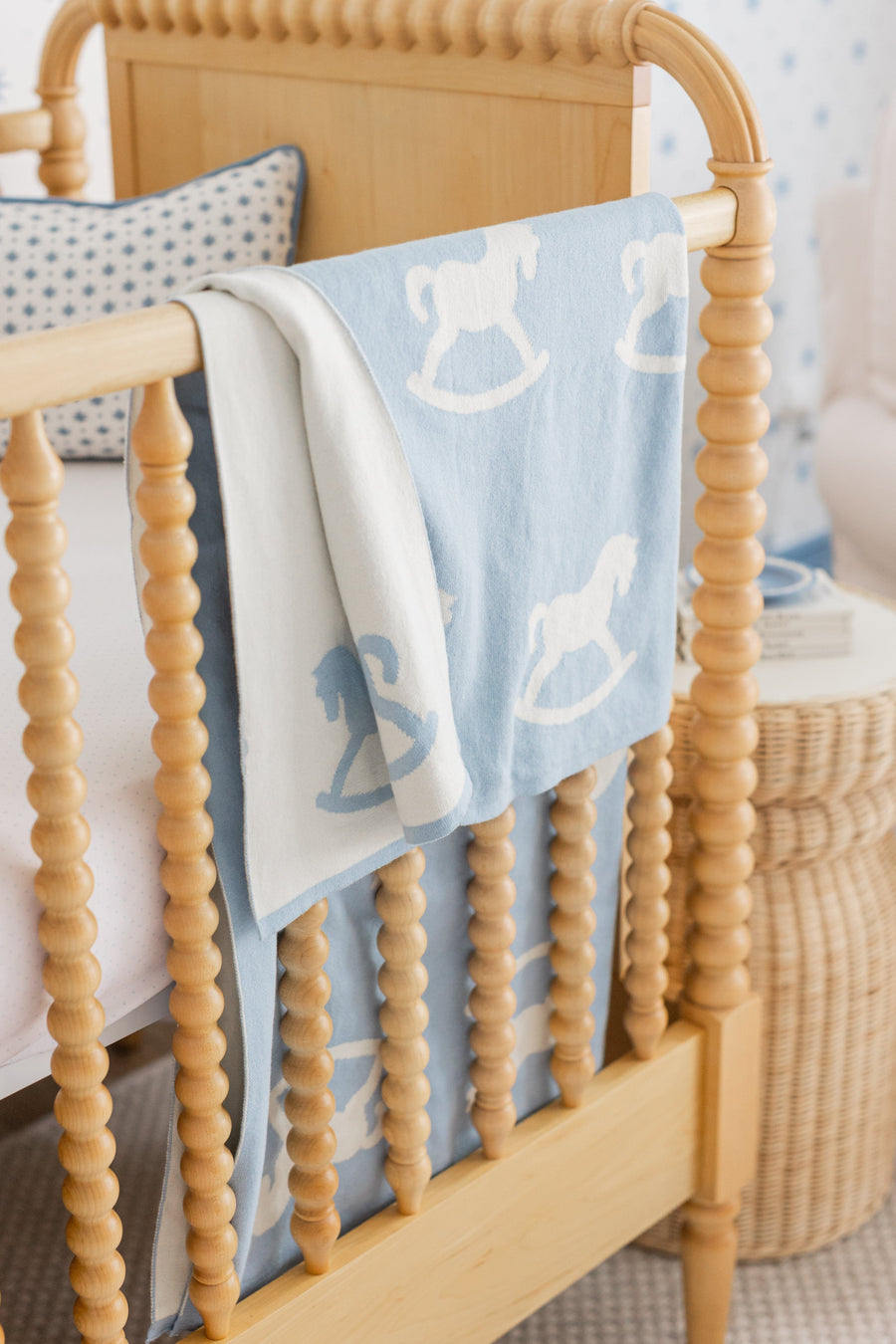 little english classic children's clothing baby boys blue and cream nursery blanket with all around rocking horse motif 