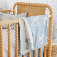 little english classic children's clothing baby boys blue and cream nursery blanket with all around rocking horse motif, Pima crib sheet in blue micro dot pattern