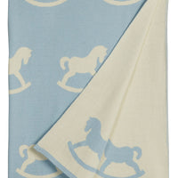 little english classic children's clothing baby boys blue and cream nursery blanket with all around rocking horse motif 