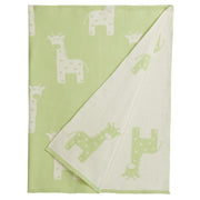 Little English, giftable nursery accessory, reversible knit nursery blanket, light green and cream giraffe print for Spring
