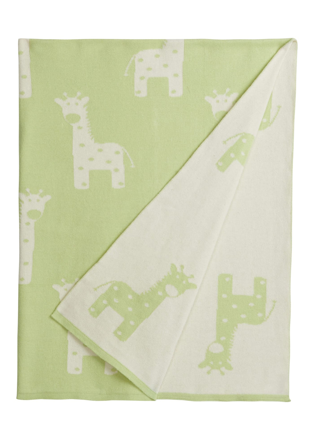 Little English, giftable nursery accessory, reversible knit nursery blanket, light green and cream giraffe print for Spring