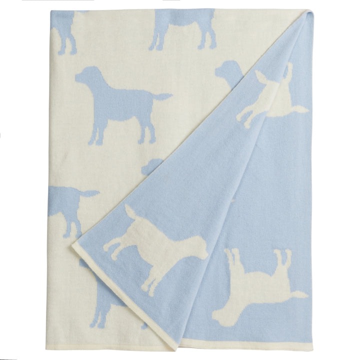 Little English, giftable nursery accessory, reversible knit nursery blanket, light blue and cream lab print for Spring
