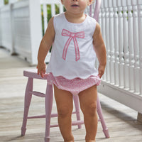 Little English classic diaper set with scalloped top with bow applique in center and diaper cover with pink vinings pattern