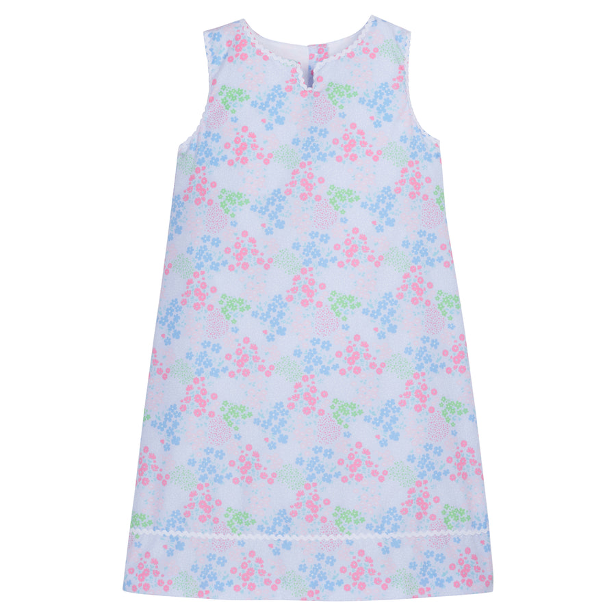 Little English traditional children's clothing, girl's sleeveless dress for spring in purple floral print, Wingate floral
