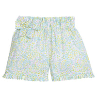 Little English traditional children's clothing.  Paperbag bow short with ruffled hem and off-center fixed bow in multi-colored floral print for girls