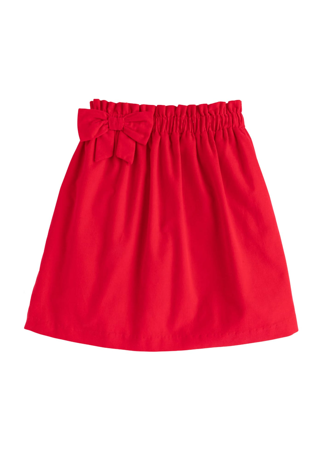 Little English classic kids clothing, red corduroy paperbag skirt with wide elastic waist and off-center fixed bow for girls