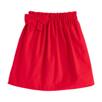 Little English classic kids clothing, red corduroy paperbag skirt with wide elastic waist and off-center fixed bow for girls