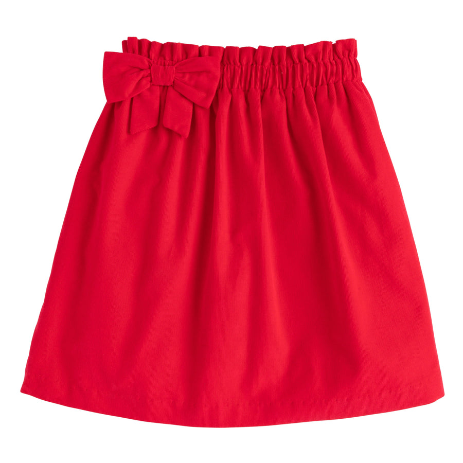 Little English classic kids clothing, red corduroy paperbag skirt with wide elastic waist and off-center fixed bow for girls
