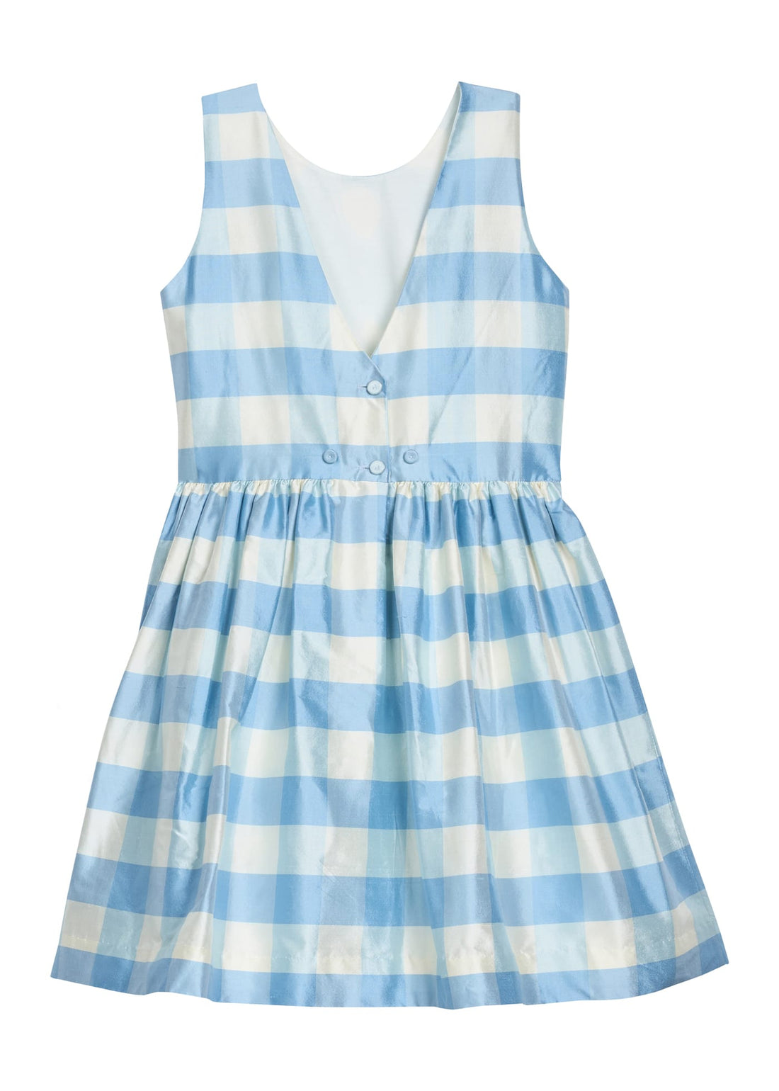 Heirloom quality, 100% silk, sleeveless light blue check formal dress with pearl details at neckline.  Little English X Luciana Emilia capsule collection special occasion dress for girls.